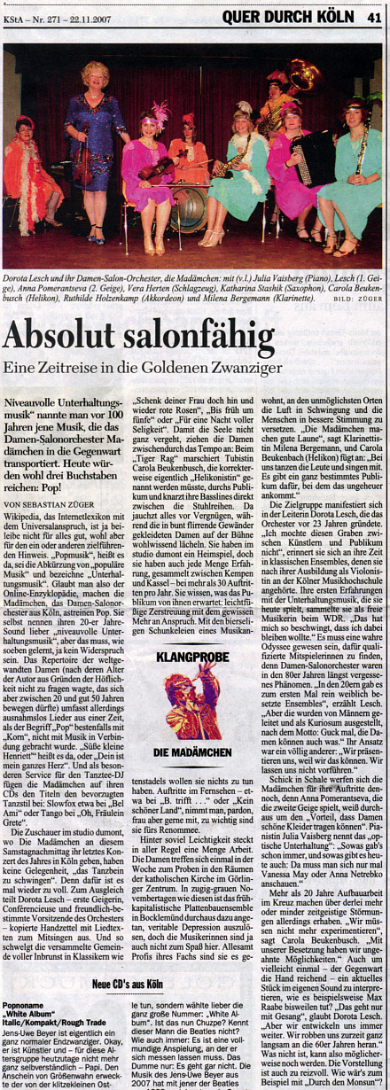Quelle: KStA (Ausgabe vom 22.11.2007) - Die Madämchen 2007